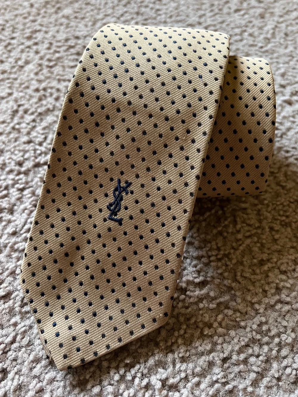 Vintage Yves Saint Laurent Silk Polka Dot Tie YSL Tan Gold Navy Logo